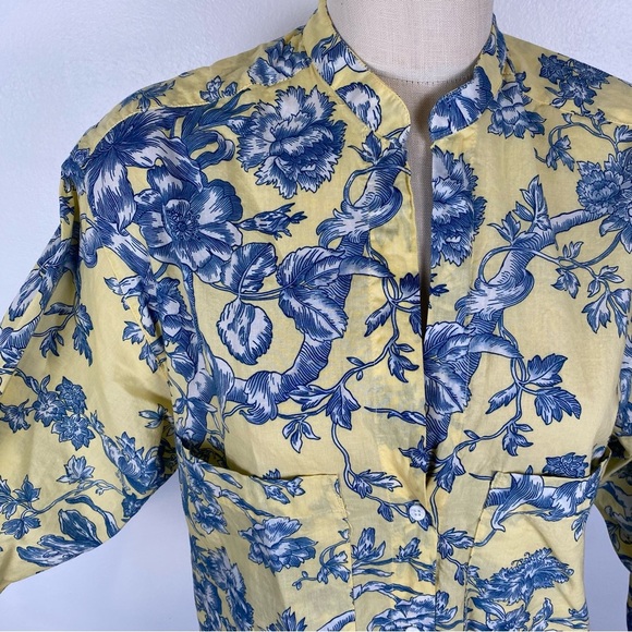 Zara Basic Tunic Blouse Button Down Blue Yellow Flower Print Sz Small 3/4 Sleeve - Picture 3 of 10